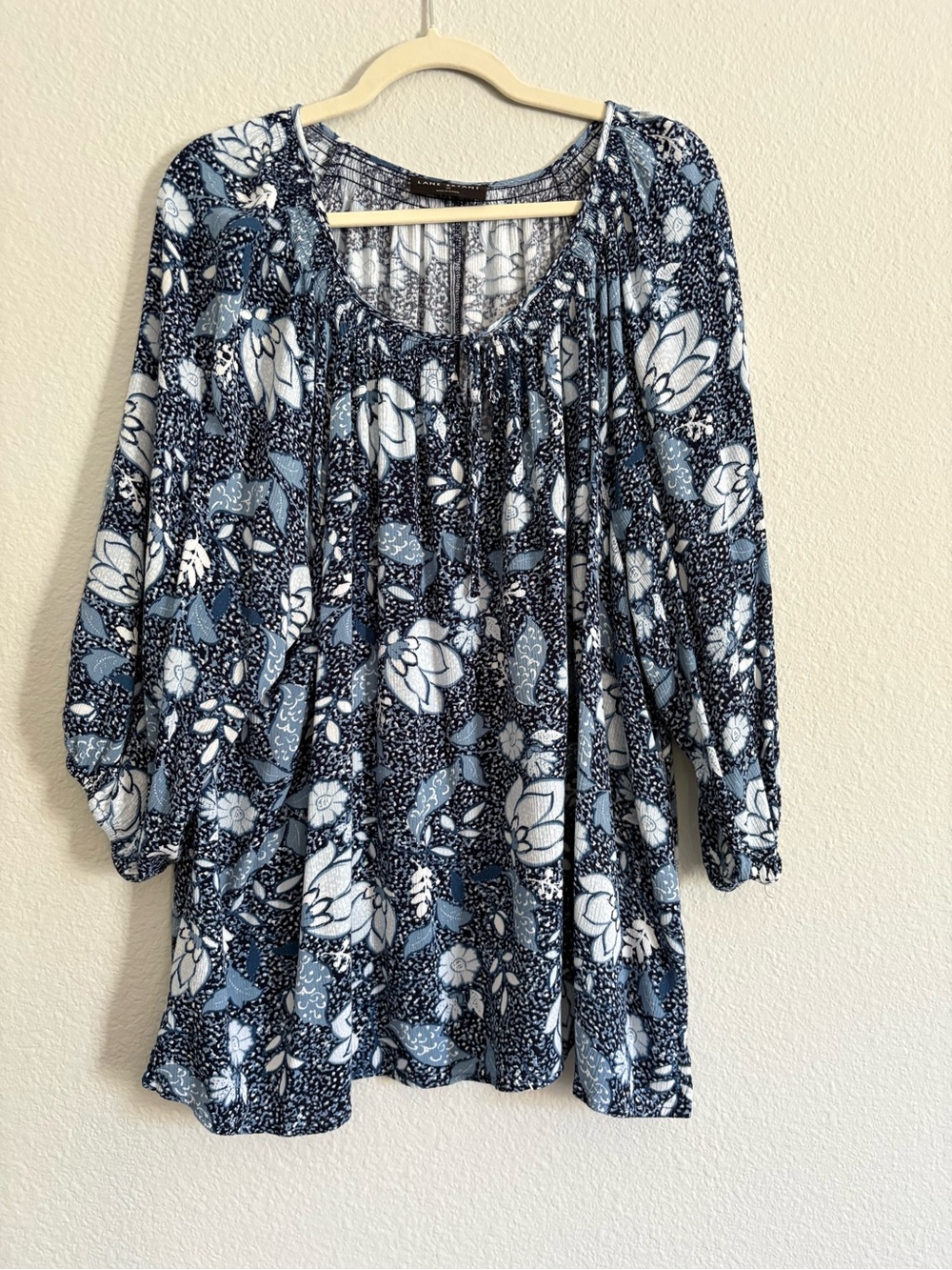 Lane Bryant Blue and White Floral Peasant Blouse